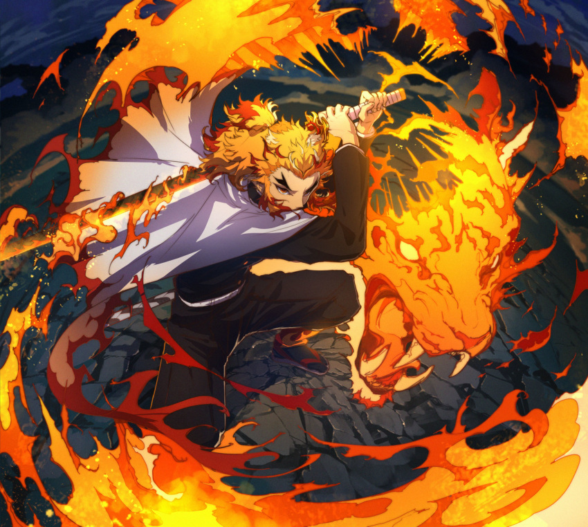 1boy black_jacket black_legwear black_pants blonde_hair cape fire highres holding holding_sword holding_weapon jacket katana kimetsu_no_yaiba long_hair long_sleeves male_focus multicolored_hair pants red_hair rengoku_kyoujurou solo stance sword tabi two-tone_hair ukai_(negi_wolf) weapon white_cape