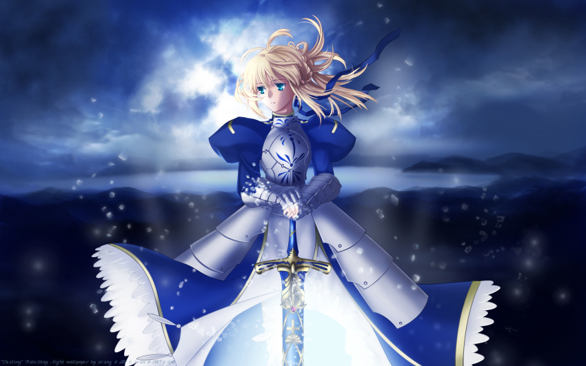 1girl aqua_eyes armor armored_dress artoria_pendragon_(all) bangs blonde_hair blue_dress blue_ribbon cloud cloudy_sky dress excalibur fate/stay_night fate_(series) faulds floating_hair gauntlets hair_between_eyes hair_ribbon highres holding_hands long_dress long_hair looking_away outdoors ribbon saber sheath sheathed sky solo standing tied_hair watermark whyte_srsn