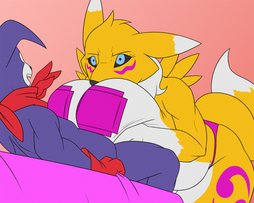 anthro bandanna big_breasts blue_eyes breasts chest_tuft clothing creatiffy digimon digimon_(species) duo female fluffy fluffy_tail hi_res huge_breasts impmon kerchief larger_female male male/female neck_tuft nipple_tape pasties renamon sex size_difference smaller_male tape thong titfuck tuft underwear