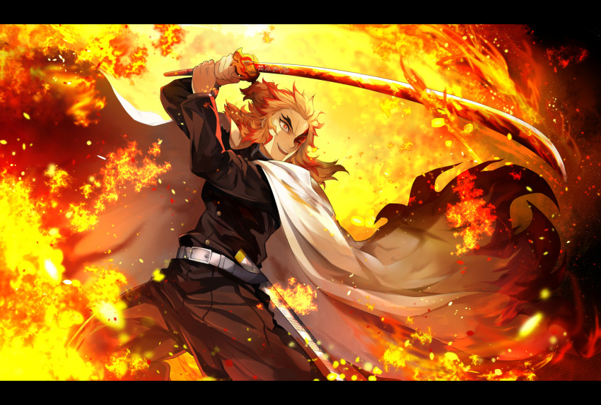 1boy :d belt belt_buckle black_jacket black_pants blonde_hair buckle cape echiru39 fire floating_hair highres holding holding_sword holding_weapon jacket katana kimetsu_no_yaiba long_hair long_sleeves male_focus multicolored_hair open_mouth orange_eyes orange_hair pants rengoku_kyoujurou smile solo stance sword two-tone_hair weapon white_belt white_cape