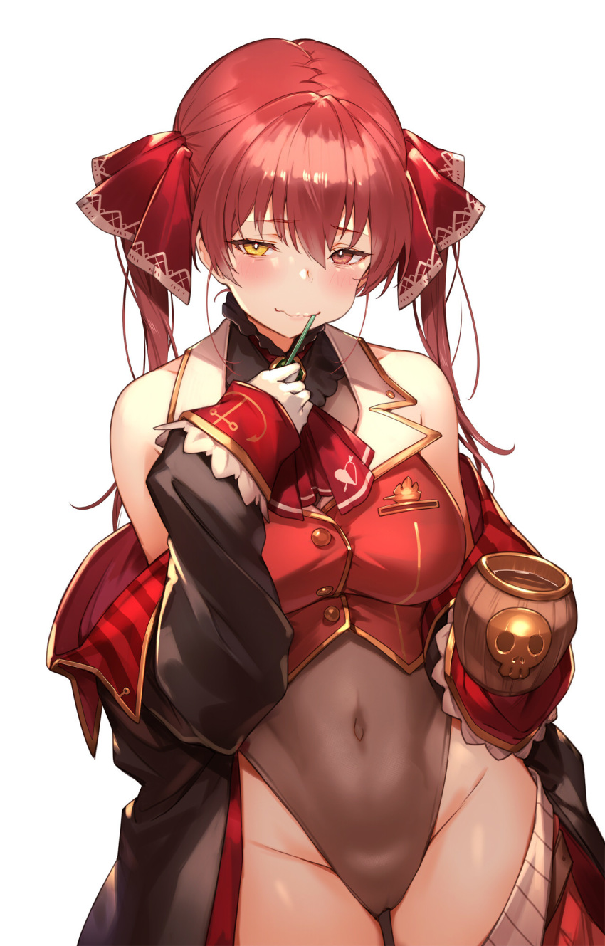 1girl backlighting bags_under_eyes bare_shoulders breasts bright_pupils brushing_teeth cameltoe closed_mouth covered_navel cowboy_shot crop_top cup gloves hair_ribbon heterochromia highleg highleg_leotard highres hololive houshou_marine kakage large_breasts leotard leotard_under_clothes long_hair mug off_shoulder red_eyes red_hair ribbon shirt simple_background skirt skirt_pull sleeveless sleeveless_shirt sleeves_past_wrists solo toothbrush_in_mouth twintails virtual_youtuber wavy_mouth white_background white_gloves white_pupils yellow_eyes