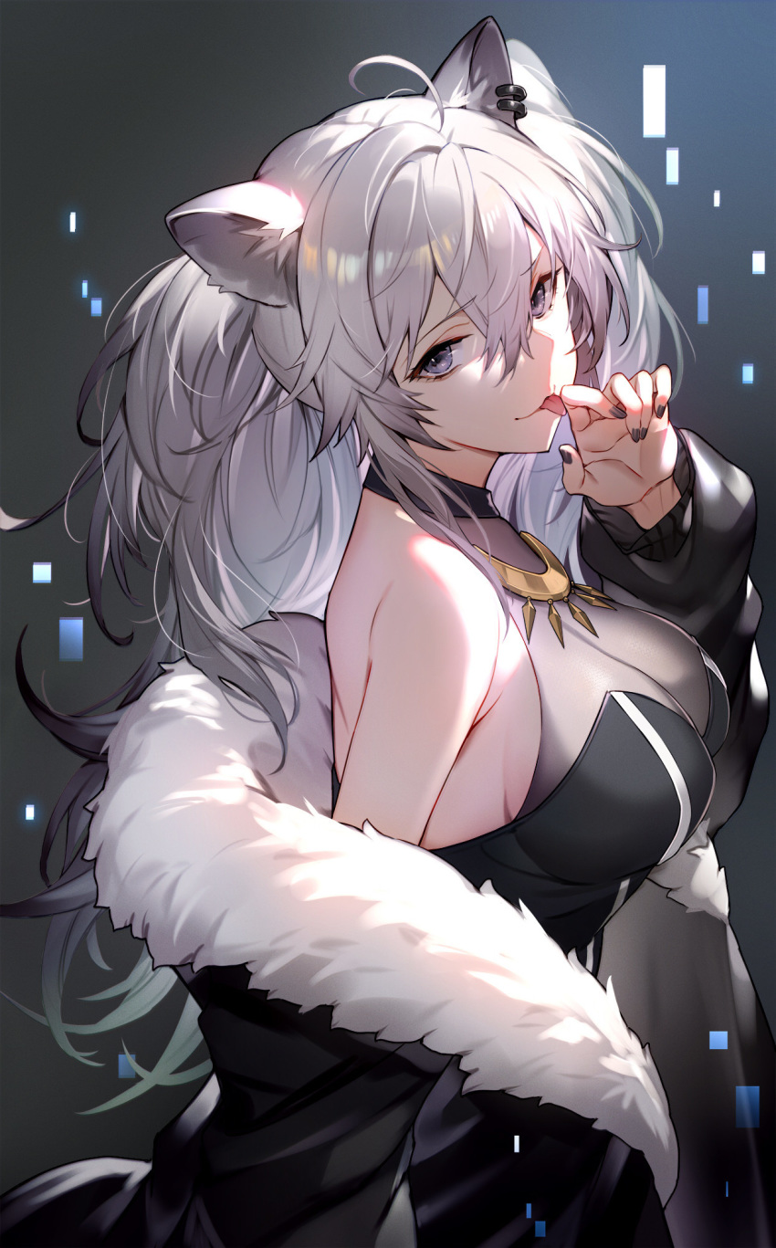 1girl ahoge animal_ears bangs bare_shoulders breasts cleavage earrings eyebrows_visible_through_hair finger_licking from_side fur-trimmed_jacket fur_trim grey_eyes grey_hair hair_between_eyes highres hololive jacket jewelry kakage large_breasts licking lion_ears lion_girl long_hair looking_at_viewer nail_polish necklace shirt shishiro_botan sleeveless sleeveless_shirt smile solo tongue tongue_out virtual_youtuber