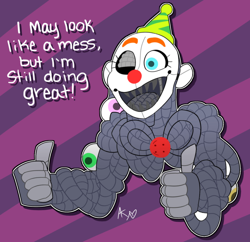 ! 1_eye 2018 :d animatronic blue_eyes bow bow_tie button_(disambiguation) clothing dialogue english_text ennard_(fnafsl) eyeball eyebrows eyelashes five_nights_at_freddy's gesture green_eyes grey_body grey_teeth grey_tongue hat headgear headwear hi_res humanoid machine male metal metallic metallic_body not_furry nude oddly_cute open_mouth orange_eyebrows party_hat portrait purple_eyes red_nose robot robot_humanoid round_nose sharp_teeth sister_location smile snazzamazing solo teeth text thumbs_up tongue video_games white_ears white_face wire yellow_eyes