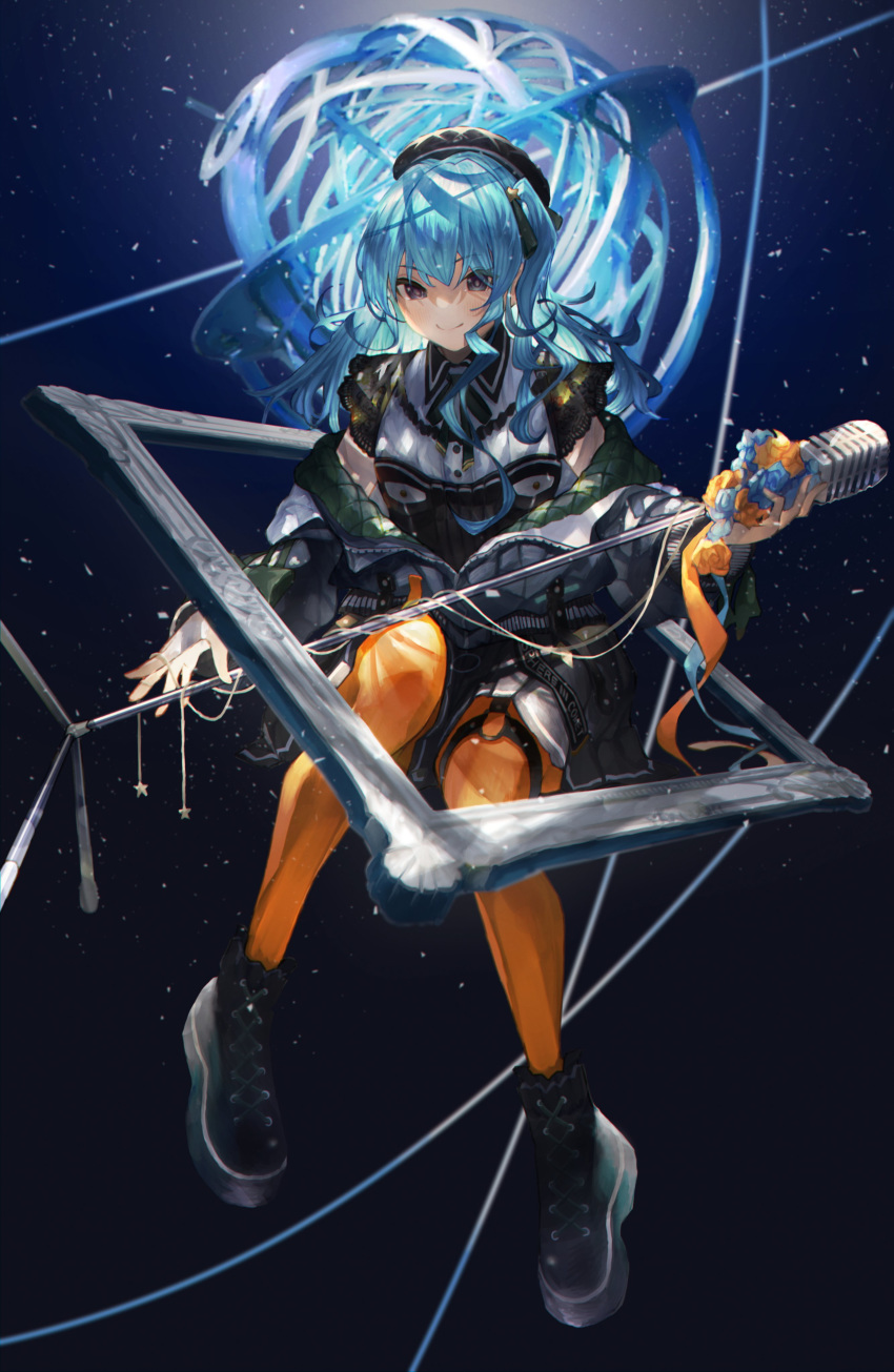 1girl absurdres ankle_boots astrolabe beret black_skirt blue_hair blue_ribbon boots bow breasts cable coat collar comet dark floating flower full_body grey_eyes hair_between_eyes hat highres holding holding_microphone_stand hololive hoshimachi_suisei jacket lace-trimmed_sleeves lace_trim leggings long_hair looking_at_viewer medium_hair microphone microphone_stand o-ring o-ring_belt o-ring_thigh_strap off-shoulder_coat off_shoulder orange_legwear orange_ribbon padded_coat pantyhose picture_frame pleated_skirt ribbon rin31153336 ringlets rose shaded_face shoes short_sleeves side_ponytail skirt smile solo space star_(symbol) thigh_strap tsurime twintails vintage_microphone virtual_youtuber wavy_hair winter_clothes winter_coat