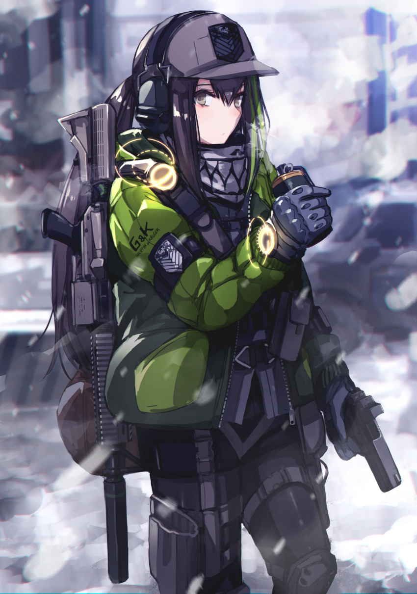 1girl alternate_costume armband assault_rifle baseball_cap emblem english_commentary english_text explosive girls_frontline gloves grenade grifon_&amp;_kryuger gun handgun hat highres holster holstered_weapon jacket knee_pads m4_carbine m4a1_(girls_frontline) mishima_hiroji radio rifle snowing solo tactical_clothes tom_clancy's_the_division watch weapon wristwatch