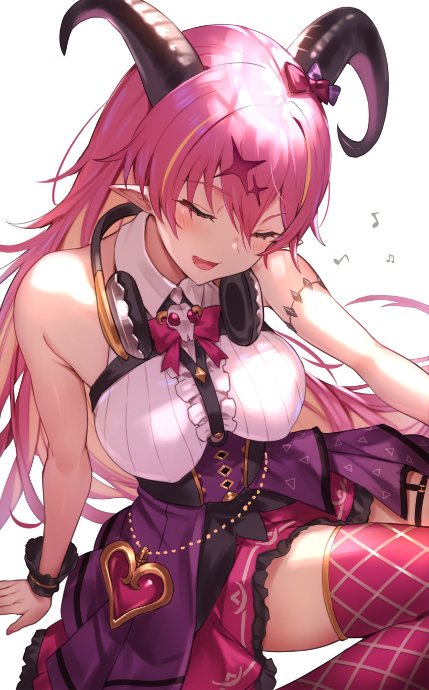 1girl :d arm_at_side arm_support armlet backlighting bare_shoulders blonde_hair bow breasts closed_eyes fang hair_between_eyes hair_bow headphones headphones_around_neck highres hololive horns kakage large_breasts long_hair mano_aloe multicolored_hair music musical_note open_mouth pink_hair pink_legwear pointy_ears shirt simple_background singing sitting skirt sleeveless sleeveless_shirt smile solo thighhighs two-tone_hair underbust very_long_hair virtual_youtuber white_background wrist_cuffs