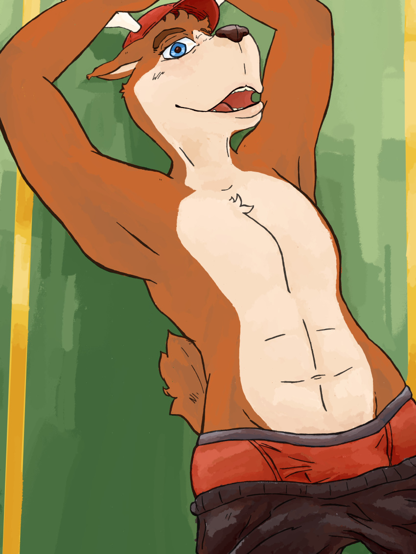 3:4 absurd_res anthro big_chest blue_eyes brown_body cervid chest_markings chest_tuft clothed clothing gallardo green_background hi_res horn male mammal markings muscular red_clothing red_underwear simple_background solo topless tuft underwear