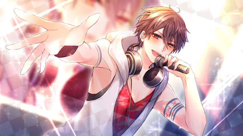 1boy :d armpits bangs bare_shoulders blurry blurry_background blush brown_hair collarbone depth_of_field dutch_angle eyebrows_visible_through_hair hair_between_eyes hand_up headphones headphones_around_neck highres holding holding_microphone hood hood_down hooded_jacket jacket looking_at_viewer male_focus microphone nijisanji open_mouth outstretched_arm red_eyes red_shirt shikino_yuki shirt smile solo upper_body upper_teeth virtual_youtuber white_jacket yumeoi_kakeru