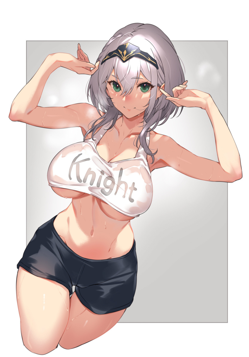 1girl alternate_costume bangs bare_shoulders black_shorts blush border breasts clothes_writing collarbone diadem green_eyes grey_background hands_up highres hololive kakage large_breasts looking_at_viewer navel shirogane_noel short_hair short_shorts shorts silver_hair smile thighs underboob virtual_youtuber white_border