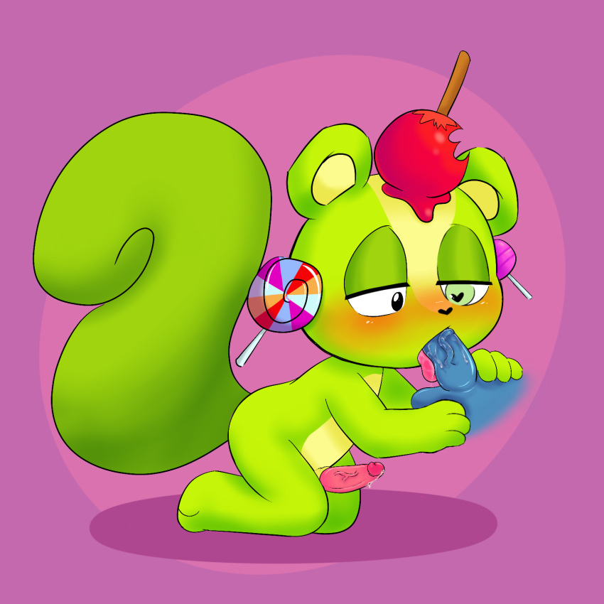 1:1 anthro balls blush bodily_fluids candy dessert erection food fur genital_fluids genitals green_body green_fur ground_squirrel happy_tree_friends hi_res lollipop male male/male mammal nutty_(htf) penis rodent sciurid tongue