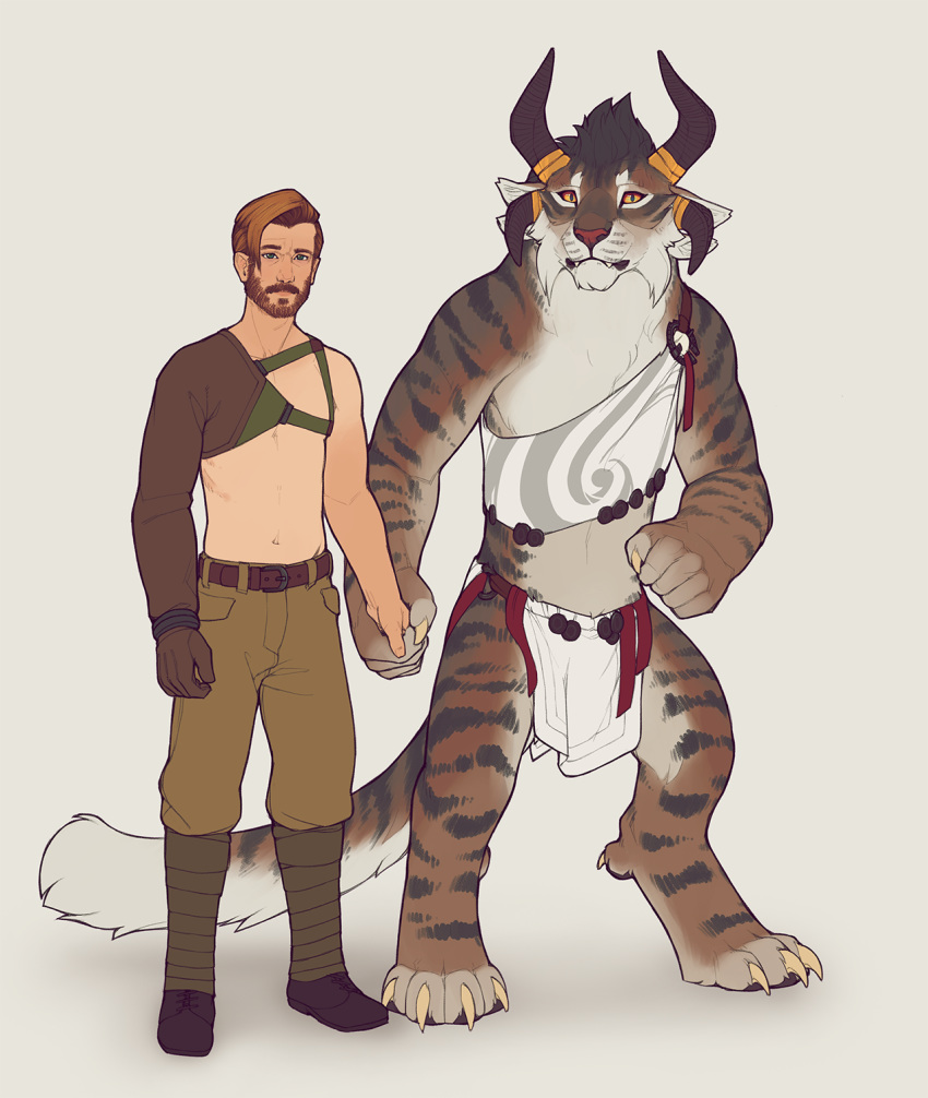 2018 4_ears 4_toes 5_fingers anthro beard biped blue_eyes boots bottomwear charr claws clothed clothing digital_media_(artwork) digitigrade duo facial_hair fangs felid female fingers flat_chested fluffy fluffy_tail footwear fur guild_wars hair hand_holding hi_res horn human larger_female loincloth male mammal mane multi_ear pants plantigrade prosthetic simple_background size_difference smaller_male snowskau standing striped_body striped_fur stripes tan_body tan_fur toe_claws toes underwear video_games white_body white_fur yellow_eyes