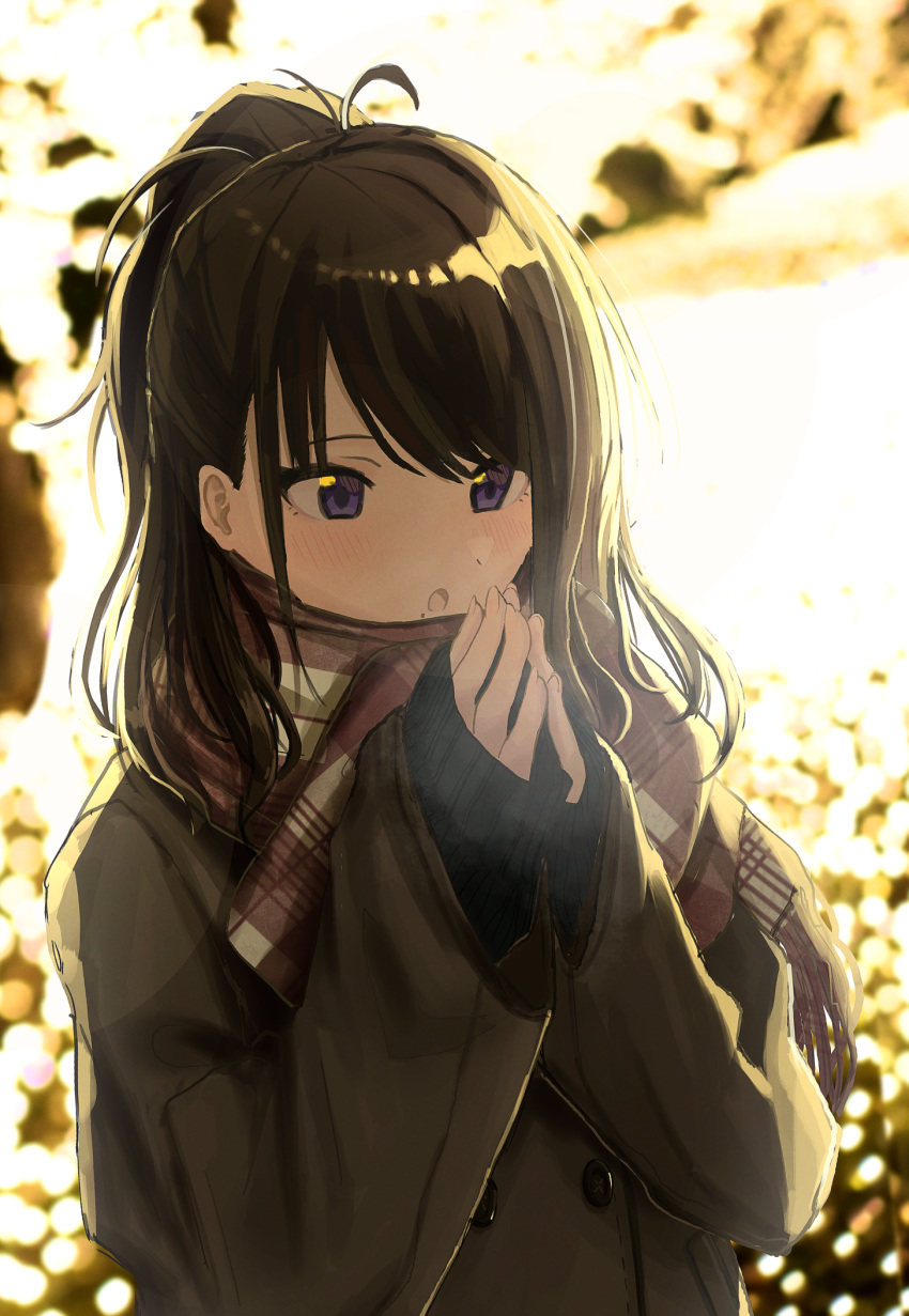 1girl antenna_hair bangs black_hair blush breath coat commentary_request eyebrows_visible_through_hair highres idolmaster idolmaster_shiny_colors kazano_hiori kuro_fjmy lights mole mole_under_mouth open_mouth ponytail purple_eyes scarf warming_hands winter_clothes winter_coat