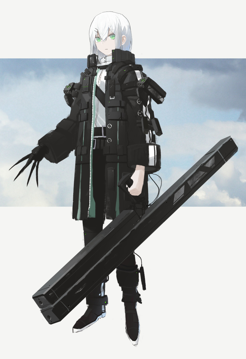1girl absurdres asteroid_ill belt black_coat black_legwear black_pants boots cloud coat expressionless full_body green_eyes hair_ornament hairclip high_collar highres holding holding_weapon iz_(asteroid_ill) jacket long_hair mechanical_arm neon_trim number numbered open_clothes open_coat original pants shirt solo standing straight_hair weapon white_hair white_shirt wide_sleeves wire zipper