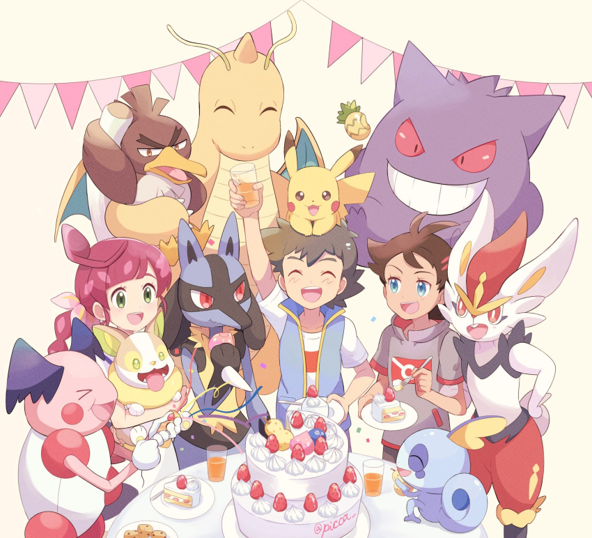 1girl 2boys antenna_hair arm_up ash_ketchum bangs berry_(pokemon) blue_eyes brown_hair cake cake_slice chloe_(pokemon) cinderace closed_eyes commentary_request cookie cup dragonite eyelashes food fork galarian_farfetch'd galarian_form gen_1_pokemon gen_4_pokemon gen_8_pokemon gengar glass goh_(pokemon) hair_ornament highres holding holding_cup holding_fork holding_pokemon long_hair lucario mei_(maysroom) mr._mime multiple_boys open_mouth party_popper pikachu plate pokemon pokemon_(anime) pokemon_(creature) pokemon_swsh_(anime) red_hair shirt short_sleeves sleeveless sleeveless_jacket smile sobble teeth tongue white_shirt yamper