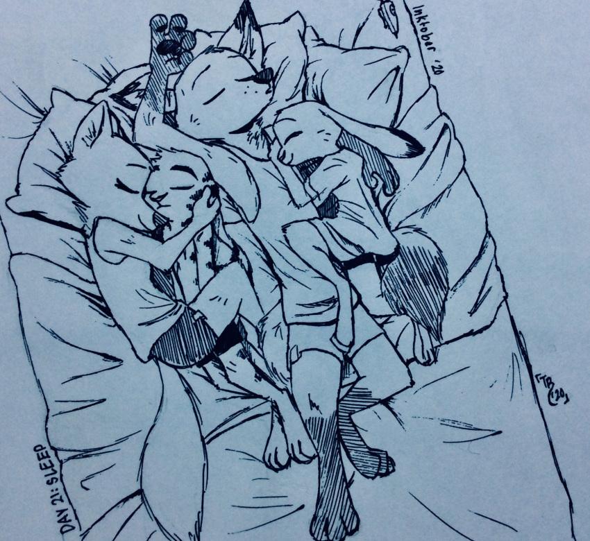 2020 anthro arctic_fox bed bedding bird's-eye_view blanket canid canine clothed clothing cuddling disney eyes_closed fox fully_clothed fur furniture group hi_res high-angle_view inktober inktober_2020 jack_savage judy_hopps lagomorph leporid mammal nick_wilde on_bed pillow rabbit red_fox skye_(zootopia) sleeping theblueberrycarrots zootopia