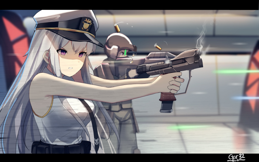 1boy 1girl absurdres azur_lane bare_arms bare_shoulders belt belt_pouch black_neckwear breasts clenched_teeth commentary commission crossover dot_nose energy_gun english_commentary enterprise_(azur_lane) finger_on_trigger firing from_side frown gar32 grey_hair gun halo:_combat_evolved hat highres holding holding_gun holding_weapon large_breasts letterboxed long_hair necktie peaked_cap pouch purple_eyes signature solo_focus teeth v-shaped_eyebrows weapon