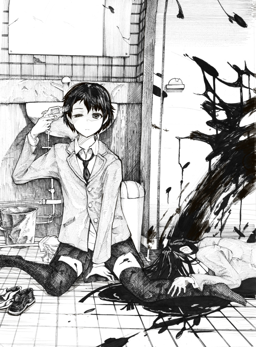 2girls bangs bathroom between_legs blood blood_splatter bloody_clothes bucket closed_mouth cluseller collared_shirt commentary_request corpse faceless faceless_female faucet flat_chest greyscale gun gun_to_head guro half-closed_eye hand_between_legs hand_up handgun highres holding holding_gun holding_weapon indoors jacket long_hair long_sleeves looking_at_viewer lying miniskirt mirror monochrome mop multiple_girls necktie on_stomach original pleated_skirt puddle revolver school_uniform shiny shiny_hair shirt shoes_removed short_hair sink sitting skirt solo_focus splatter suicide thighhighs toilet_stall traditional_media trash_can uneven_eyes wariza weapon zettai_ryouiki