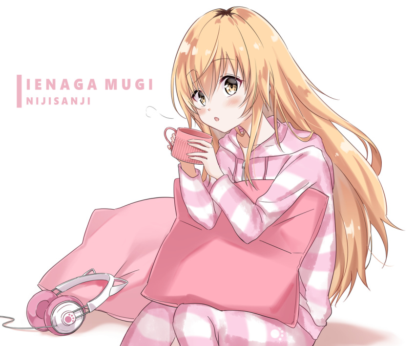 1girl blonde_hair blowing cat_ear_headphones character_name copyright_name cowboy_shot cup drawstring hands_up headphones headphones_removed holding holding_cup hood hood_down hoodie horizontal_stripes ienaga_mugi long_hair long_sleeves looking_at_viewer milluun mug nijisanji paw_print_pattern pillow pink_stripes sitting solo striped very_long_hair virtual_youtuber yellow_eyes