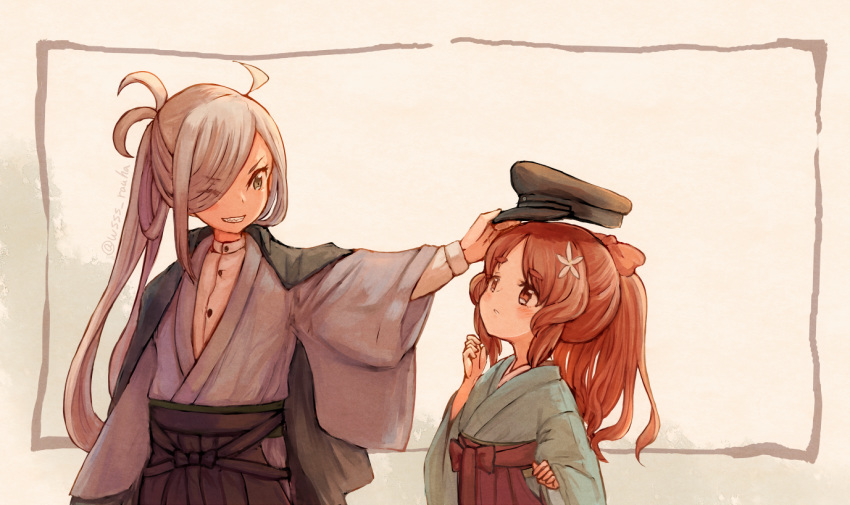 2girls ahoge asashimo_(kantai_collection) bangs black_headwear blue_kimono blush brown_eyes brown_hair commentary_request eyebrows_visible_through_hair eyes_visible_through_hair flower grey_eyes grey_kimono grin hair_flower hair_ornament hair_over_one_eye hat hat_removed headwear_removed holding holding_clothes holding_hat japanese_clothes kantai_collection kimono long_hair multiple_girls one_eye_closed peaked_cap ponytail sharp_teeth shirt silver_hair smile teeth thick_eyebrows v-shaped_eyebrows wavy_hair white_flower white_shirt wss_(nicoseiga19993411) yashiro_(kantai_collection)