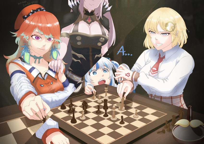 2ealot12920 4girls a absurdres bangs blonde_hair blue_eyes blue_hair board_game breasts chess chess_piece chessboard cleavage eyebrows_visible_through_hair gawr_gura gradient_hair hair_ornament highres hololive hololive_english long_hair long_sleeves monocle_hair_ornament mori_calliope multicolored_hair multiple_girls necktie open_mouth orange_hair pink_hair plaid plaid_skirt red_neckwear sharp_teeth shirt sitting skirt streaked_hair takanashi_kiara teeth virtual_youtuber watson_amelia white_shirt