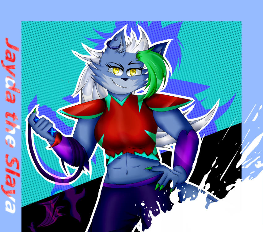 abs anthro armor athletic athletic_female bottomwear breasts canid canine canis clothed clothing crop_top ear_piercing ear_ring female five_nights_at_freddy's five_nights_at_freddy's:_security_breach fur green_fingernails green_hair grey_body grey_ears grey_fur hair hand_on_hip hi_res holding_object holding_weapon inner_ear_fluff jflare205 long_hair looking_at_viewer mammal muscular muscular_female pants piercing purple_bottomwear purple_clothing purple_pants red_armor roxanne_wolf_(fnaf) shirt smile solo topwear tuft video_games weapon whip white_hair wolf yellow_eyes