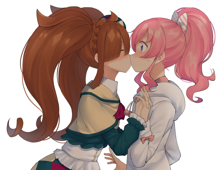 2girls ahoge bangs beret blunt_bangs blush bow braid brown_hair capelet closed_eyes commentary crown_braid dress eyebrows_visible_through_hair from_side hair_bow hair_over_one_eye hat high_ponytail holding_hands hood hoodie interlocked_fingers kiratto_pri_chan kiss long_hair looking_at_another mini_hat momoyama_mirai mukuba multiple_girls nijinosaki_dia pink_hair pretty_(series) purple_eyes sidelocks simple_background surprise_kiss surprised twintails upper_body white_background white_hoodie yuri