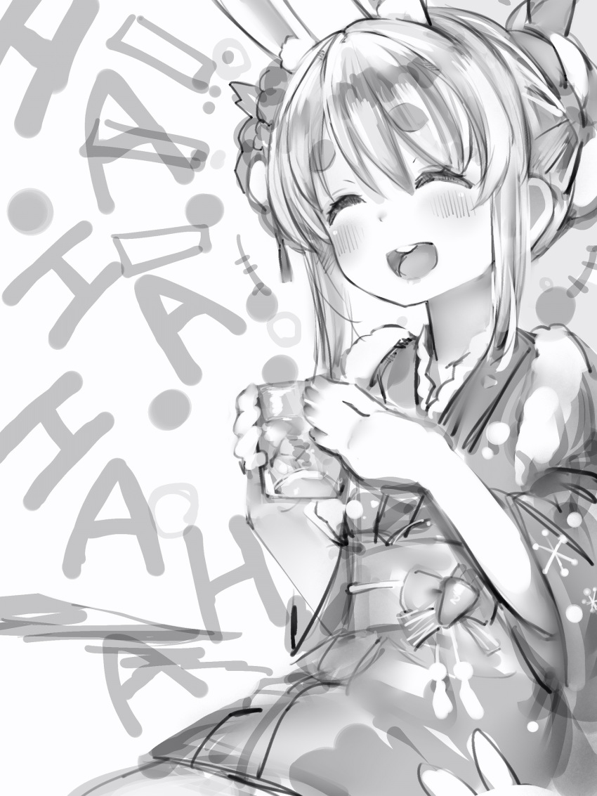 +++ 1girl :d ^_^ animal_ear_fluff animal_ears bunny_ears catchphrase closed_eyes cup double_bun drinking_glass eyebrows_visible_through_hair facing_viewer fingernails fur-trimmed_kimono fur_trim greyscale hands_up highres holding holding_cup hololive japanese_clothes kimono laughing long_sleeves monochrome nanashi_(nlo) obi open_mouth round_teeth sash short_eyebrows smile solo teeth thick_eyebrows upper_teeth usada_pekora