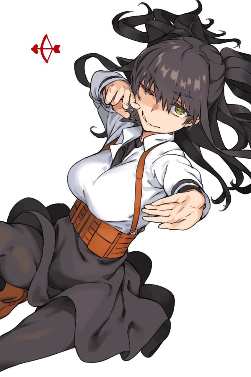 1girl ;) arrow_(projectile) bangs black_hair black_legwear black_skirt boots bow_(weapon) breasts brown_footwear collared_shirt commentary_request crooked_smile dutch_angle eyebrows_visible_through_hair green_eyes grin haimura_kiyotaka high-waist_skirt highres large_breasts long_hair long_sleeves looking_at_viewer one_eye_closed outstretched_arm partially_unbuttoned pouch shirt sidelocks simple_background skirt smile solo to_aru_kagaku_no_railgun to_aru_majutsu_no_index two_side_up underbust weapon white_background white_shirt wing_collar yumiya_rakko