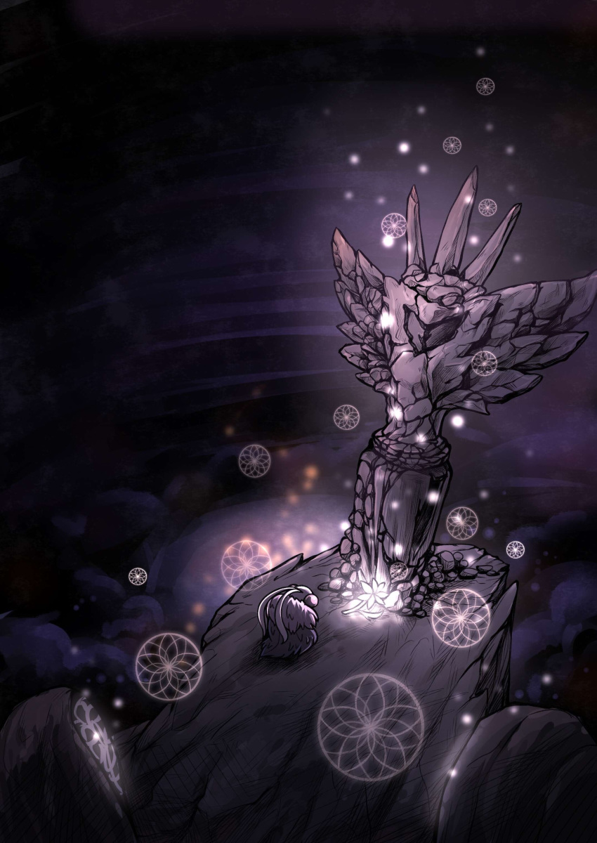 1other absurdres bug cliff dream_catcher flower from_behind glowing grey_cloak highres hollow_knight insect moth no_humans rock seer_(hollow_knight) statue tombstone ugly_cat