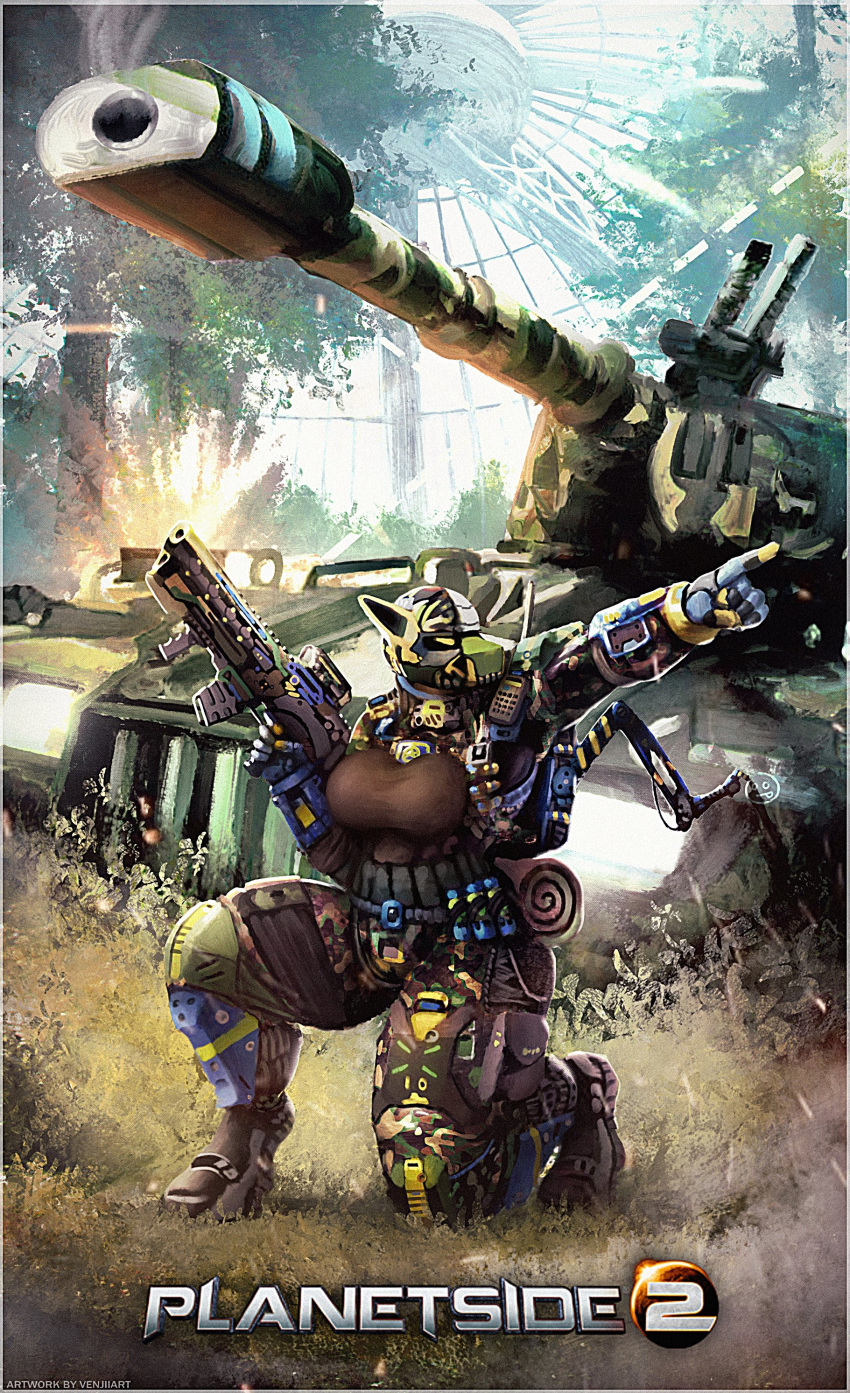 5_fingers absurd_res anthro armor assault_rifle backpack big_breasts bottomwear breasts camo camo_pants camo_print clothed clothing crouching digital_media_(artwork) english_text explosion female fingers gesture gun headgear helmet hi_res holding_gun holding_object holding_weapon machine outside planetside_2 pointing ranged_weapon rifle solo tank text thick_thighs tight_clothing topwear tree vehicle venjiiart video_games walkie_talkie weapon
