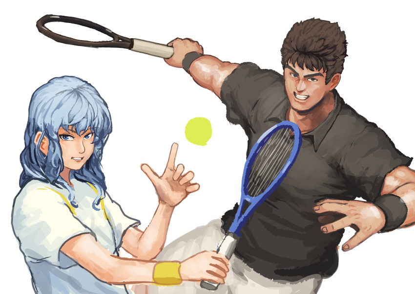 2boys absurdres ball berserk black_shirt blue_eyes blue_hair brown_eyes brown_hair chanta_(ayatakaoisii) griffith_(berserk) guts_(berserk) highres long_hair looking_at_viewer multiple_boys parody racket shirt short_hair short_sleeves shorts simple_background smile tennis_ball tennis_racket white_background white_shirt white_shorts wristband