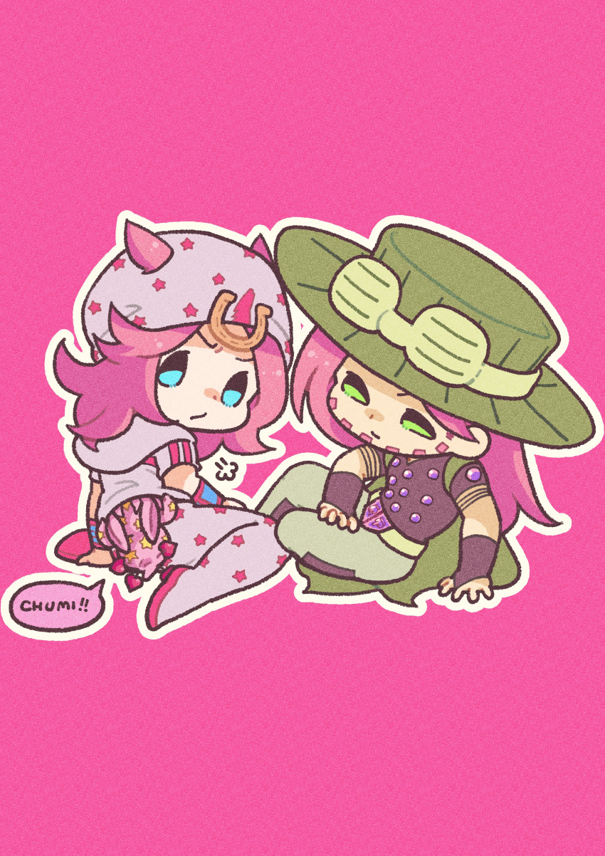 2boys absurdres beanie beard belt belt_buckle blue_eyes bridal_gauntlets buckle cape chibi chibi_only commentary cowboy_hat facial_hair goggles goggles_on_headwear green_cape green_eyes green_hat grey_hat grey_hoodie grey_pants gyro_zeppeli hat highres hood hood_down hoodie horseshoe_hat_ornament horseshoe_ornament johnny_joestar jojo_no_kimyou_na_bouken long_hair m_a_a_m_8 male_focus multiple_boys outline pants pink_background pink_hair purple_bridal_gauntlets purple_shirt shirt short_sleeves sitting stand_(jojo) star_(symbol) star_print steel_ball_run tusk_(stand) tusk_act1 white_outline wristband yellow_belt