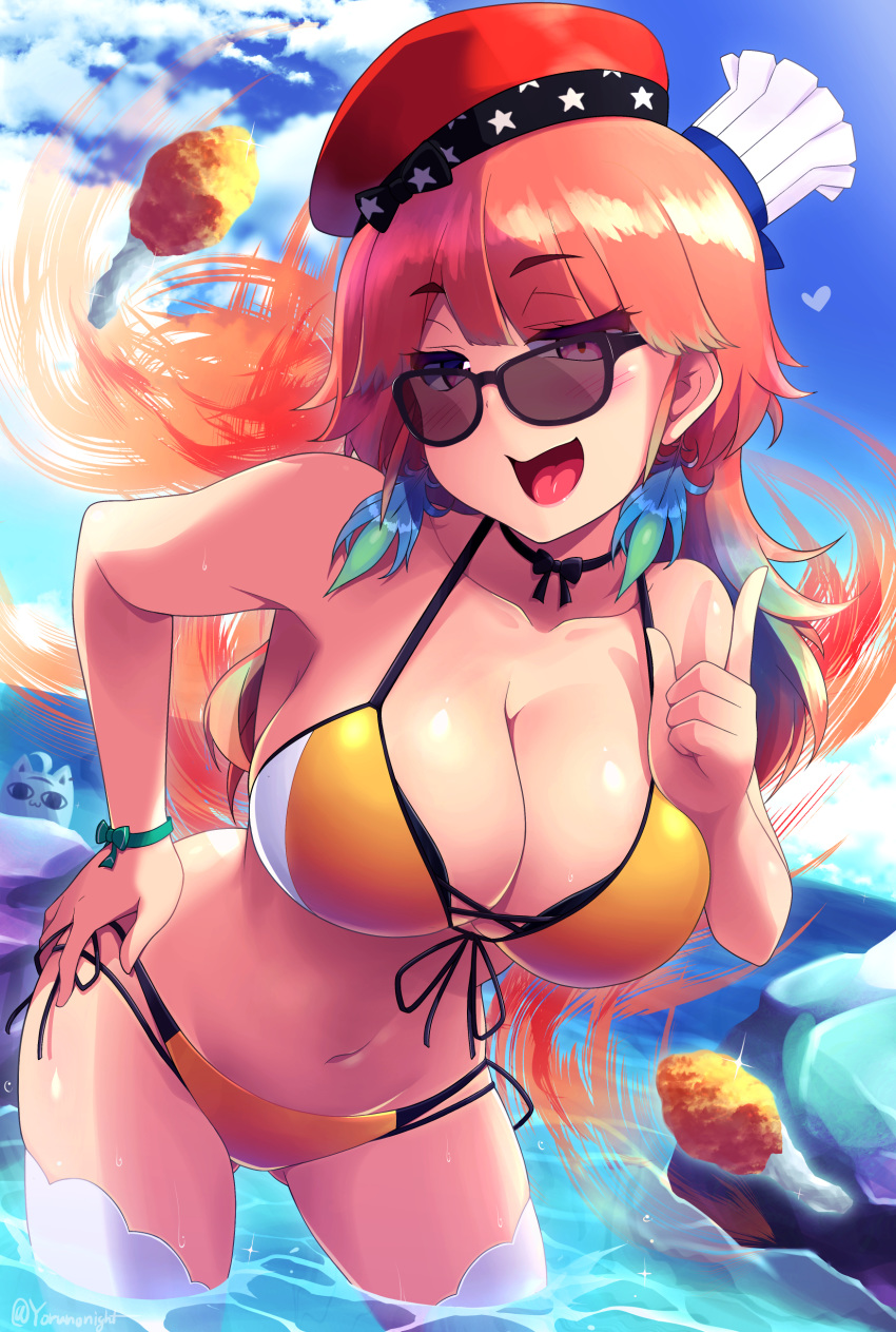 1girl absurdres bangs bikini blush breasts chef_hat choker cleavage cloud eyebrows_visible_through_hair fried_chicken front-tie_top hand_on_hip hat highres hololive hololive_english index_finger_raised large_breasts long_hair looking_at_viewer navel ocean open_mouth orange_bikini orange_hair purple_eyes side-tie_bikini sky smile smug solo swimsuit takanashi_kiara thighhighs virtual_youtuber wading white_legwear yoru_no_night