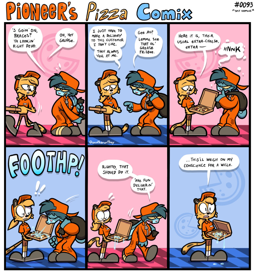 2026 anotherartboy anthro black_spots blonde_hair blue_body blue_fur blue_hair bodily_fluids bottomwear box braces brown_bottomwear brown_clothing brown_shorts chazz_mccheetah cheetah clothed clothed_anthro clothed_female clothing co-worker colored comic container delivery_(commerce) delivery_employee dialogue digital_media_(artwork) dripping duo english_text felid feline female food footwear freckled_face freckles fully_clothed fully_clothed_anthro fully_clothed_female fur grey_clothing grey_footwear grey_shoes grudge_labunny hair hat headgear headwear hi_res janitor jumpsuit lagomorph leporid mammal miserable name_tag orange_clothing orange_hat orange_headwear orange_jumpsuit pioneer's_pizza pizza pizza_box rabbit sad saliva saliva_drip sharp_teeth shocked shoes shorts socks speech_bubble spit_on_food spitting spitting_on_food spots surprised teeth text unsure white_clothing white_footwear white_sclera white_socks work_uniform yellow_body yellow_fur yellow_sclera