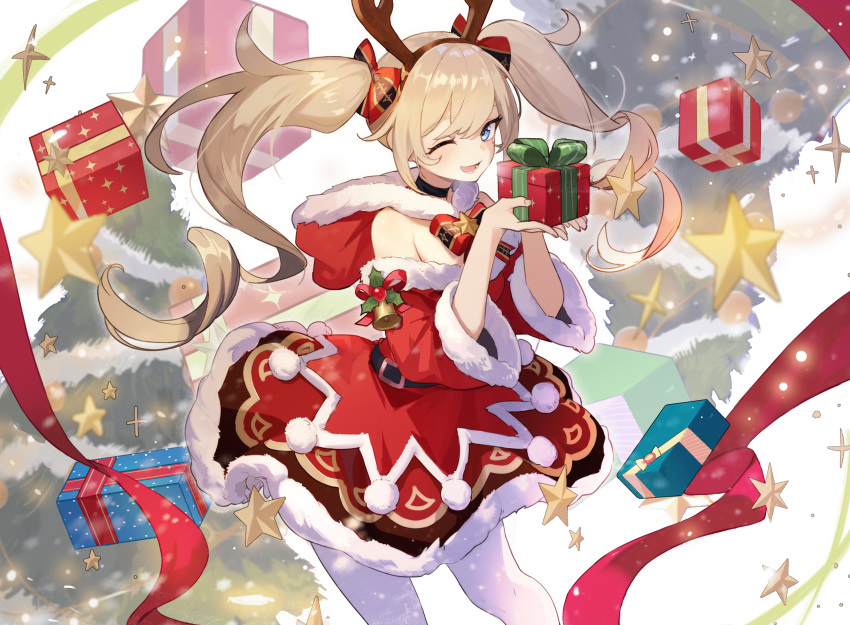 1girl :d alternate_costume antlers artist_request barbara_(genshin_impact) bare_shoulders bell black_ribbon blonde_hair blue_eyes blush bow bowtie box christmas christmas_ornaments christmas_present christmas_tree commentary cowboy_shot dress drill_hair fur_trim genshin_impact gift gift_box gift_wrapping hair_ribbon highres holding holding_gift hood light_particles long_hair looking_at_viewer official_art one_eye_closed open_mouth red_dress red_hood red_ribbon reindeer_antlers ribbon smile snow solo star_(symbol) starry_background twin_drills twintails white_background white_legwear