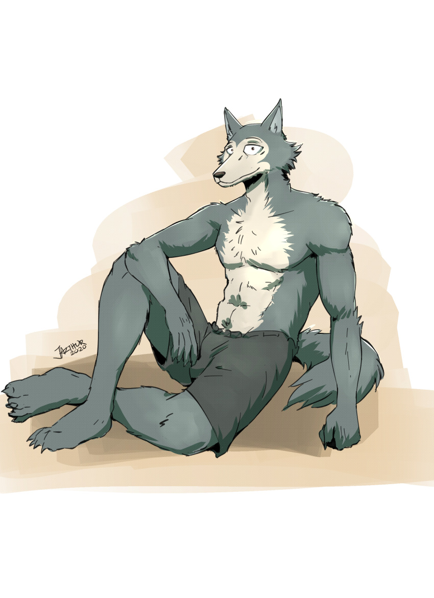 2020 absurd_res anthro athletic athletic_anthro athletic_male beastars bottomwear canid canine canis clothed clothing fur grey_body grey_fur hi_res jazcabungcal legoshi_(beastars) looking_at_viewer male mammal pecs shorts sitting smile solo topless wolf
