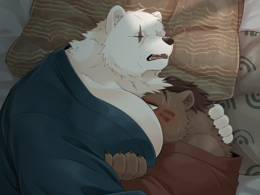 2020 4:3 anthro barazoku bed blush bodily_fluids brown_body brown_fur clothing crushfang_(sdorica_sunset) dagger_(sdorica_sunset) detailed_background duo fur furniture hi_res hug kemono kumao male male/male mammal moobs pillow polar_bear robe scar sdorica_sunset sleeping sweat ursid ursine white_body white_fur