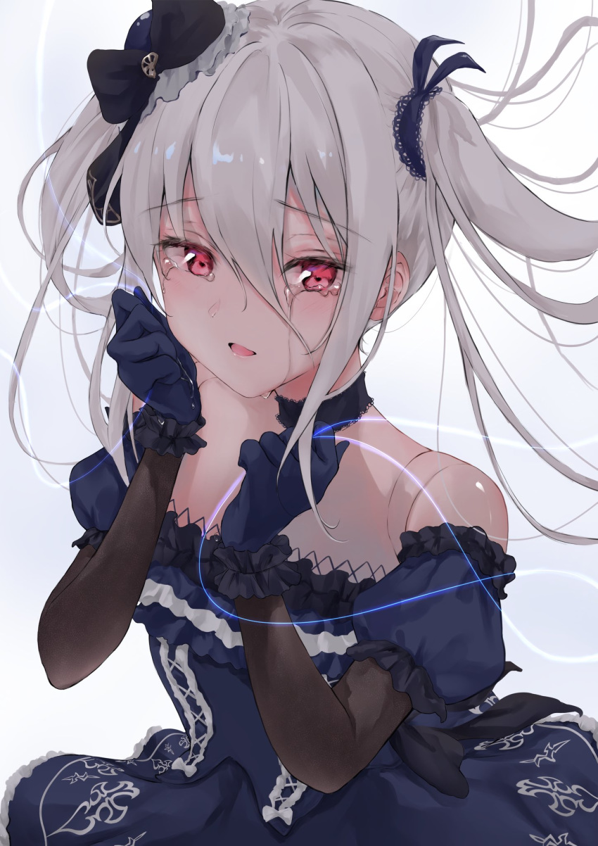 1girl black_dress black_headwear coeur dress elbow_gloves frilled_dress frills gloves granblue_fantasy hat highres joints long_hair orchis puppet_strings red_eyes shadowverse tears twintails white_hair