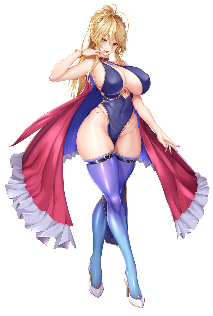 1girl absurdres ahoge artoria_pendragon_(all) artoria_pendragon_(lancer) bangle bangs blonde_hair blue_legwear blue_leotard blush bracelet braid breasts cape cleavage fate/grand_order fate_(series) green_eyes high_heels high_ponytail highres jewelry large_breasts leotard lips long_hair looking_at_viewer nail_polish sakuraoo simple_background solo swept_bangs thigh_strap thighhighs white_background white_footwear wide_hips