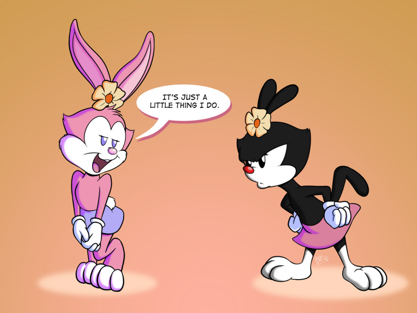 4:3 animaniacs anthro babs_bunny black_body black_fur bottomwear buckteeth clothed clothing crossover dialogue digital_media_(artwork) dot_warner duo female flower fur gloves handwear inkblot lagomorph leporid mammal open_mouth pink_body pink_fur pink_nose plant rabbit red_nose skirt speech_bubble sycotei-b teeth tiny_toon_adventures tongue warner_brothers young