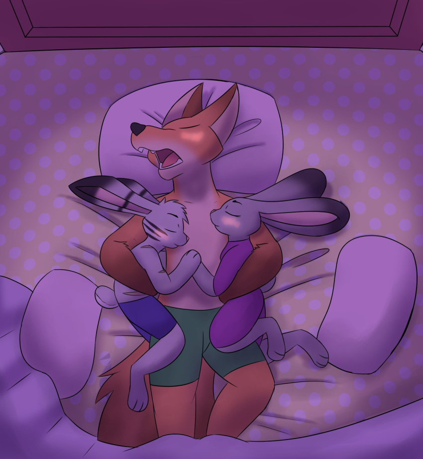 anthro bed bedding bird's-eye_view blanket blush canid canine clothed clothing cuddling disney eyes_closed female fox fully_clothed fur furniture group hethroz hi_res high-angle_view jack_savage judy_hopps lagomorph leporid male male/female male/male mammal nick_wilde on_bed one_eye_closed pillow predator/prey rabbit red_fox savagehopps sleeping stripes view wildehopps wildesavage zootopia
