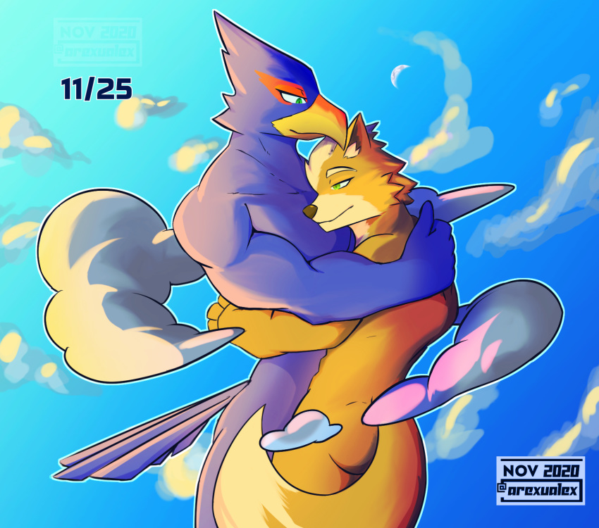 anthro arexualex avian bird canid canine cloud duo falco_lombardi fox fox_mccloud hi_res hug macro male male/male mammal nintendo nude star_fox togepi1125 video_games