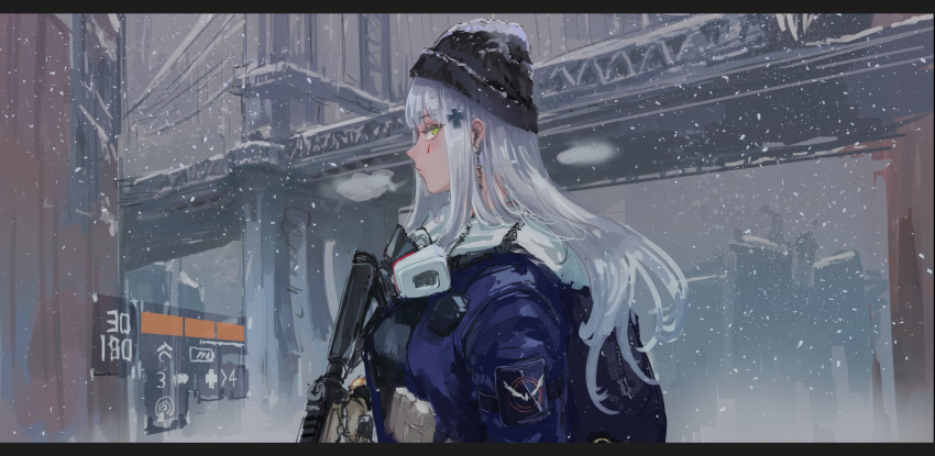 1girl assault_rifle bangs blunt_bangs bridge cross_hair_ornament facial_mark girls_frontline green_eyes gun h&amp;k_hk416 hair_ornament headphones heckler_&amp;_koch highres hk416_(girls_frontline) long_hair military_jacket osakana_(denpa_yun'yun) rifle scar scar_across_eye silver_hair snow urban weapon white_hair woollen_cap