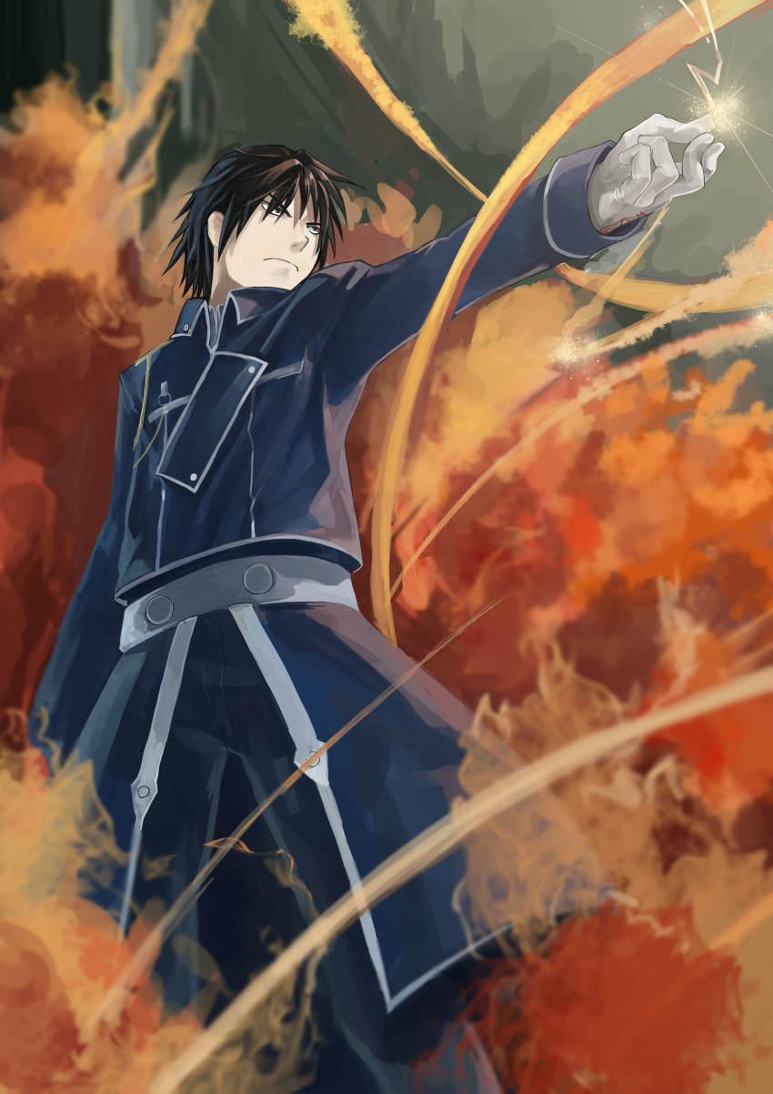 1boy absurdres azomo black_eyes black_hair black_pants blue_jacket closed_mouth feet_out_of_frame fire fullmetal_alchemist gloves hand_up highres jacket long_sleeves pants roy_mustang sanpaku short_hair solo standing waist_cape white_gloves