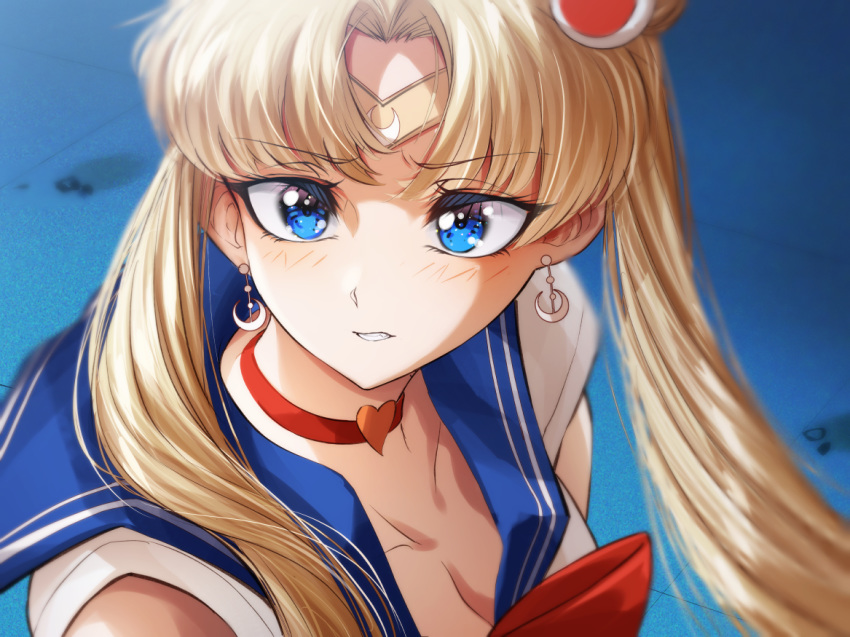 1girl bangs bare_shoulders bishoujo_senshi_sailor_moon blonde_hair blue_eyes blue_sailor_collar blush bow bowtie breasts choker cleavage clenched_teeth cluseller collarbone commentary_request crescent crescent_earrings derivative_work earrings eyebrows_visible_through_hair eyelashes fang from_side hair_ornament heart heart_choker jewelry parted_bangs parted_lips partial_commentary red_choker red_neckwear sailor_collar sailor_moon sailor_moon_redraw_challenge school_uniform screencap_redraw serafuku solo teeth tiara tsukino_usagi twintails twitter_username upper_body