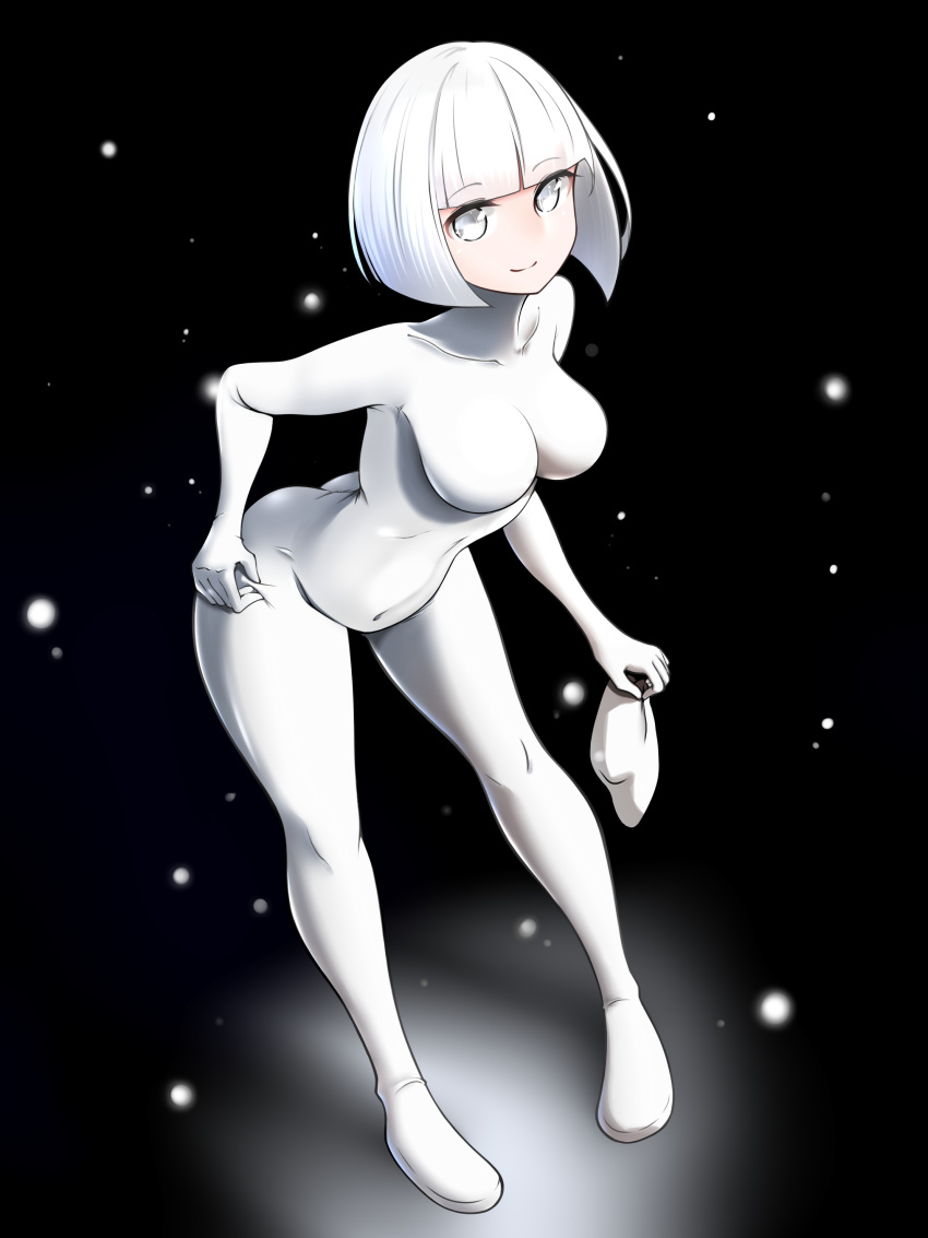 1girl absurdres black_background bob_cut bodysuit breasts collarbone commentary_request covered_navel eyebrows_visible_through_hair guxu highres holding holding_mask impossible_bodysuit impossible_clothes large_breasts leaning_forward looking_at_viewer mask original short_hair skin_tight smile solo standing white_bodysuit white_eyes white_hair zentai