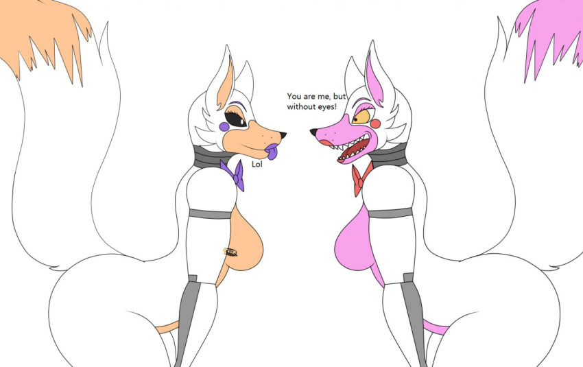 animatronic anthro black_sclera breasts canid canine duo english_text eyelashes female five_nights_at_freddy's five_nights_at_freddy's_world fox funtime_foxy_(fnafsl) half-closed_eyes lolbit_(fnaf) machine mammal narrowed_eyes open_mouth orange_body orange_inner_ear photolol pink_inner_ear purple_cheeks purple_tongue red_cheeks robot sister_location text tongue video_games