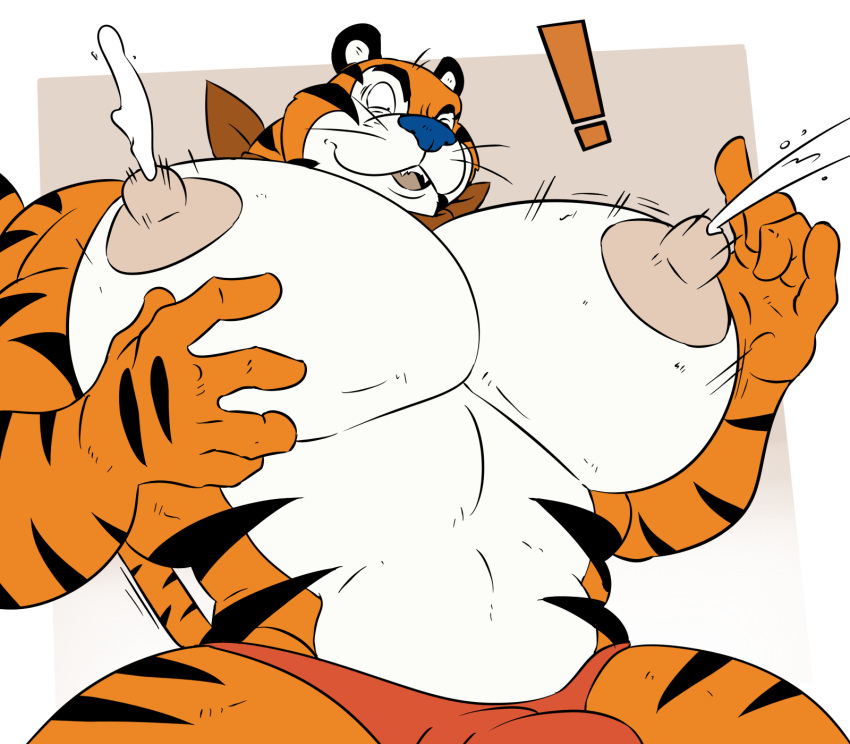 ! 2020 a-side anthro belly big_pecs black_stripes bodily_fluids bulge clothed clothing felid frosted_flakes fur hi_res kellogg's lactating male male_lactation mammal mascot milk muscular muscular_anthro muscular_male nipples orange_body orange_fur pantherine pecs simple_background solo striped_body striped_fur stripes tiger tony_the_tiger topless underwear whiskers white_body white_fur