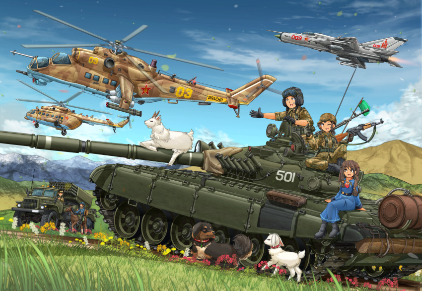 1boy 2girls aircraft airplane akm assault_rifle bangs black_footwear black_gloves black_hair black_headwear blue_dress blue_sky bm-21 boots braid brown_eyes brown_jacket brown_pants camouflage camouflage_headwear camouflage_jacket camouflage_pants cloud cloudy_sky combat_boots commentary_request cross-laced_footwear cyrillic dachshund dark_skin dark_skinned_female dark_skinned_male day dog dress eyebrows_visible_through_hair fighter_jet flag flower gloves goat goggles goggles_on_headwear grass ground_vehicle gun hair_tie hat helicopter highres holding holding_weapon horse jacket jet leaf long_dress long_sleeves looking_at_another looking_at_viewer mi-24 mi-8 mig-21 mikeran_(mikelan) military military_hat military_uniform military_vehicle mongolian_people's_army motion_blur motor_vehicle mountain multiple_girls multiple_others one_eye_closed open_mouth original outdoors pants partial_commentary patrol_cap pilot reaching_out red_neckwear rifle roundel russian_text sitting sky sleeves_rolled_up smile star_(symbol) sweatdrop t-72 tank tank_helmet tank_top twin_braids twintails uniform weapon