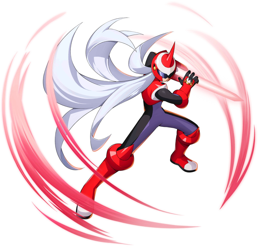 1boy android arm_blade blues_exe bodysuit covered_eyes energy_sword gloves grey_hair helmet highres logo long_hair male_focus mizuno_keisuke netnavi official_art robot rockman rockman_exe rockman_x_dive silver_hair solo sunglasses sword transparent_background weapon white_hair